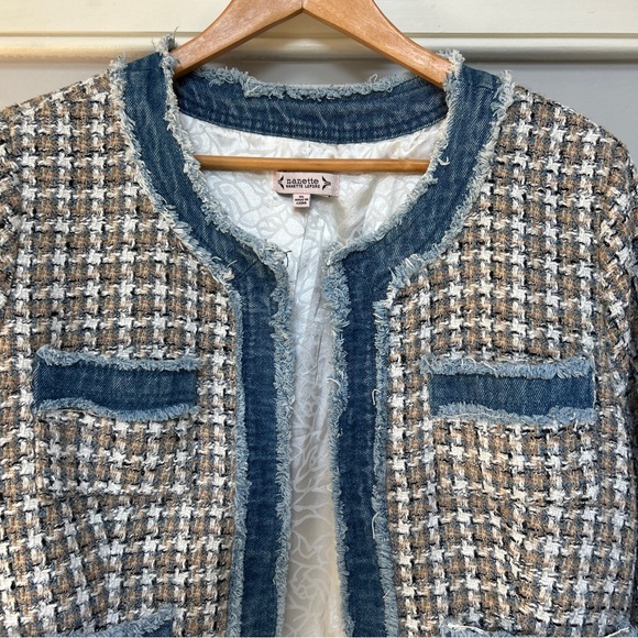 Nanette Lepore Frayed Tweed Denim Trim Jacket Blazer - Picture 2 of 16